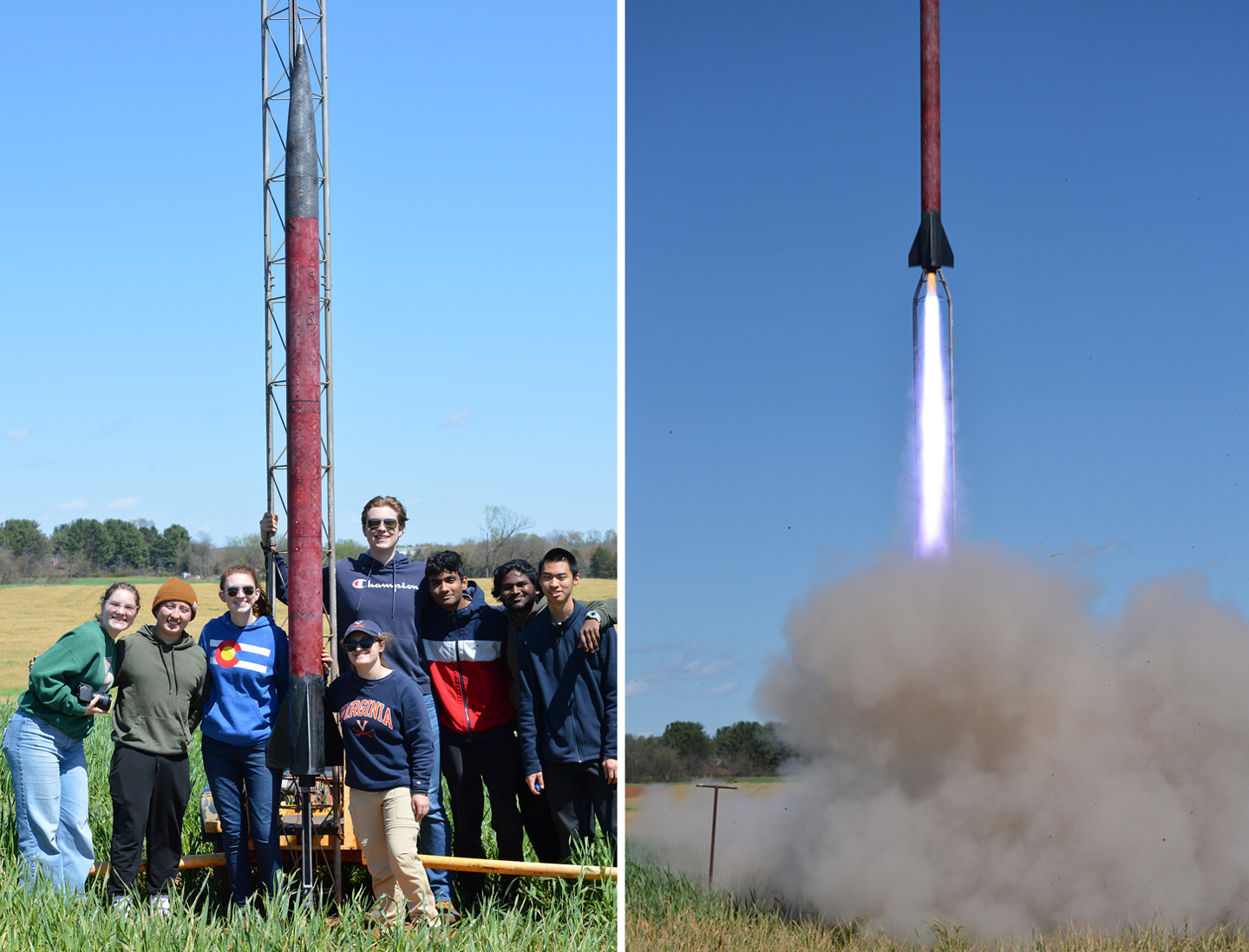 Split screen: On left, group of students posing with rocket on the launch pad. Right, still photo of rocket lifting off.