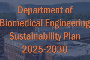 BME Sustainability Plan, 2025-2030. Blue background of MR5 with orange text.