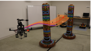 Drone with prospective flight path highlighting how to get around a column obstacle