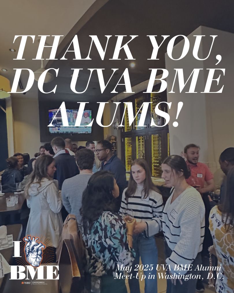BME alums mingling at the May 2025 UVA BME Alumni Meet-Up in Washington, with the "I HEART BME" logo in the corner and text overlay, "Thank you, DC UVA BME Alums!"