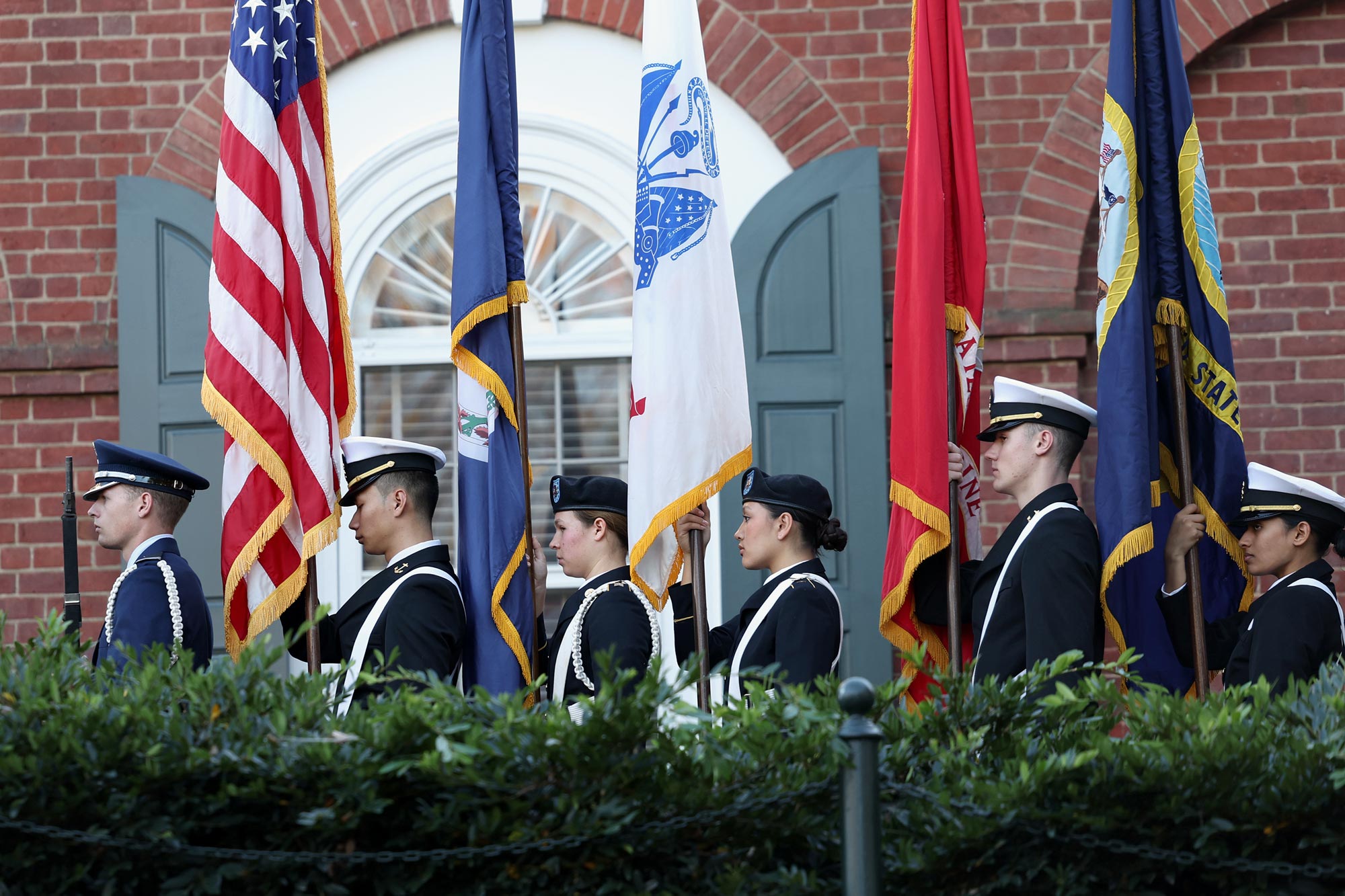 The Color Guard prepares to march during the Veterans Day ceremony held Friday on the north side of the Rotunda. (Photo by Matt Riley, University Communications)