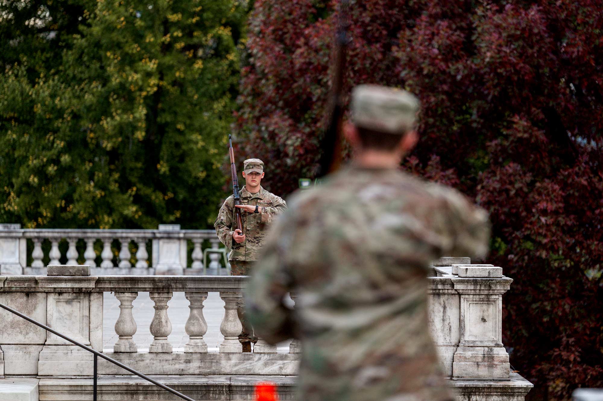 Cadets and midshipmen march on the north terrace of the Rotunda as part of the annual 24-hour MIA/POW vigil for leading up to the Veterans Day ceremony. (Photo by Emily Faith Morgan, University Communications)