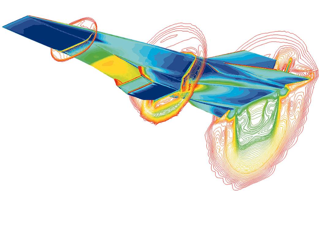 This computational fluid dynamics (CFD) image shows the Hyper-X vehicle at a Mach 7 test condition with the engine operating.