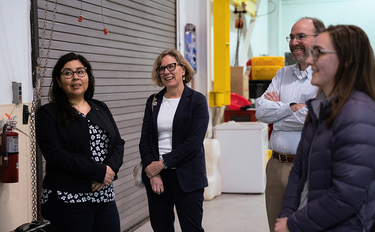 Left to right: Veronica Morales and Ann Carlson from NHTSA , and research professor Jason Forman and Ph.D. student Cori Espelien from the center. The NHTSA team toured the center to see the facilities in person and learn more about the current research projects. Photo by Sydney Koerber for UVA Engineering