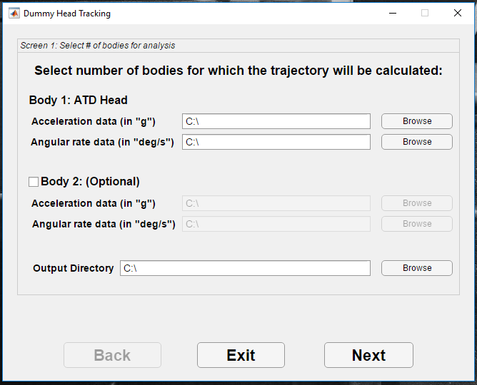 DHT software – Screen 1: Select # of bodies for analysis.