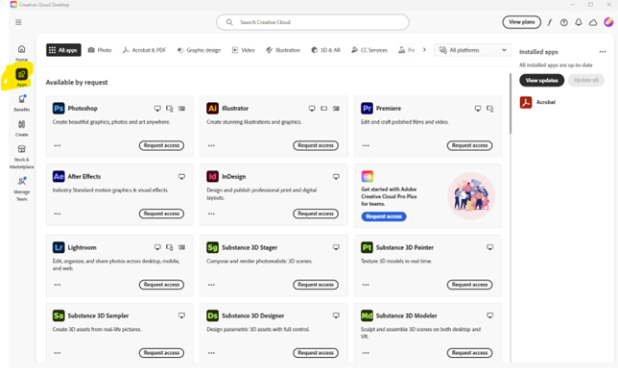 View of available applications