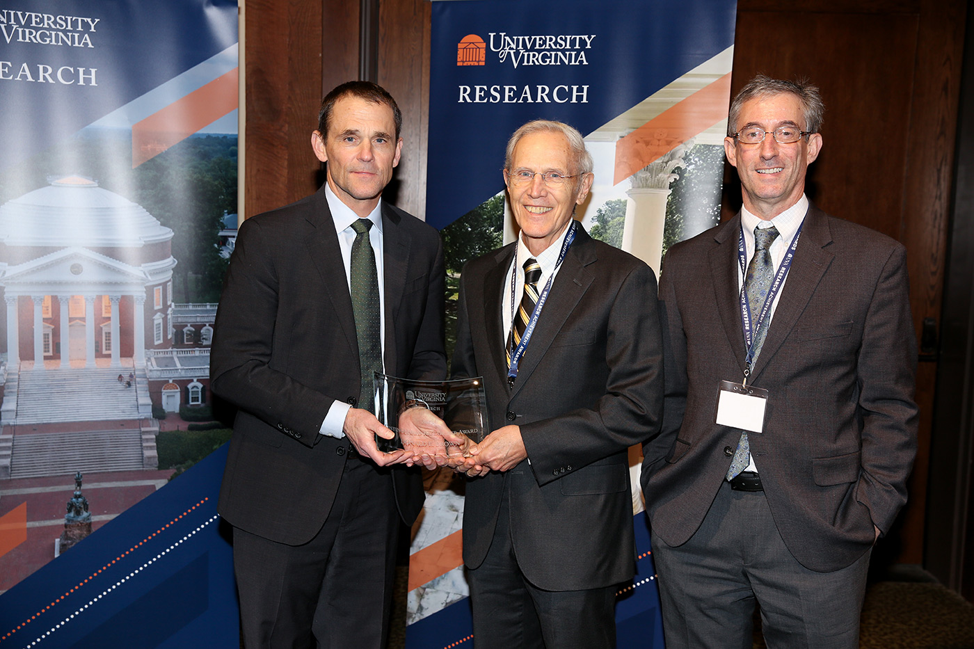 From left to right: President Jim Ryan, Senior Associate Dean Don Brown and Interim Vice President for Research Fred Epstein.