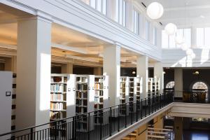 View of book shelving at UVA's main library