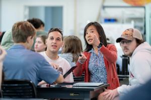 Professor Esther Tian speaks to a student in Engineering Foundations