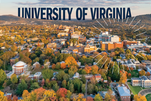 Aerial view showing the UVA Rotunda, medical centerand MR5, the BME building in their setting in beautiful Charlottesville, Virginia.