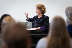 Professor Emeritus Kathryn C. Thornton gestures during a talk.