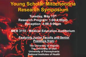 Flyer for the Young Scholar Mitochondria Research Symposium on Tuesday, May 13 from 1-4PM, and a reception from 4-5PM.