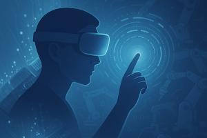 graphic of human wearing a vr headseat pointing finger in air