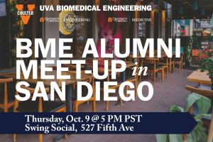 Flyer for BME Alumni Meet-Up in San Diego, Thurs. Oct 9 @ 5PM local time at Swing Social in San Diego. BME and Coulter logos are in the bottom left corner. Background image is of the Swing Social Patio - colorful with lots of plants and mood lighting.