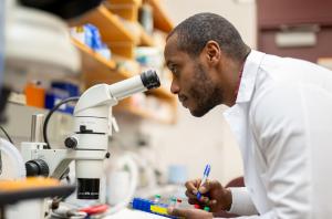 Profile photo of a lab-coated researcher peering into a microscope.