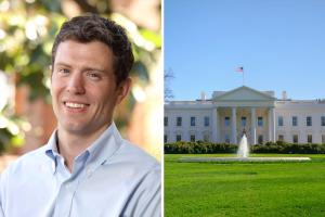 Split screen of a man's portrait and the White House