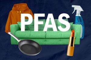 Composite graphic illustrating the products such as clothing, furniture, cookware and cosmetics, that contain PFAS chemicals.