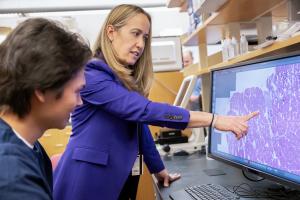 Professor Silvia Blemker points to a detail on a computer monitor