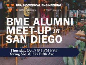 Flyer for BME Alumni Meet-Up in San Diego, Thurs. Oct 9 @ 5PM local time at Swing Social in San Diego. BME and Coulter logos are in the bottom left corner. Background image is of the Swing Social Patio - colorful with lots of plants and mood lighting.