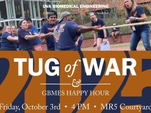 2025 BME Tug of War poster. Photo of Blemker Team (2023 winners), BME logo, and a blue/orange "2025" background.