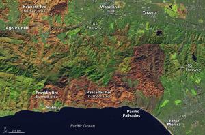 Color-enhanced satellite image showing burn areas from 2025 Los Angeles fires
