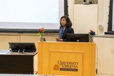 Chair Sandhya Dwarkadas speaks to the crowd