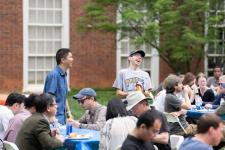 students chat during picnic