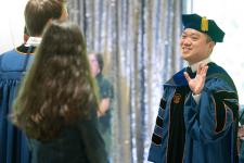 Students greet each other