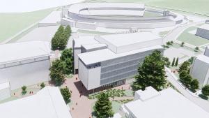 architect's rendering of the building and the Whitehead Road node