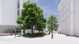 architect's rendering of the building exterior with landscaping