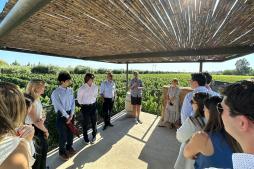 A group of people standing under an outdoor shelter in a vineyard